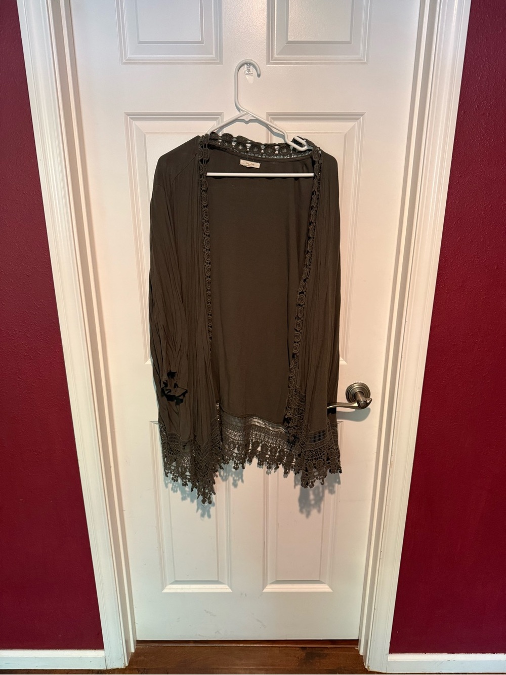 Maurices Olive Green Crochet-Trim Open Cardigan